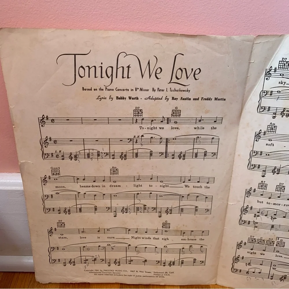 Vintage Sheet Music Score Tonight We Love Piano Concerto Tachaikowsky